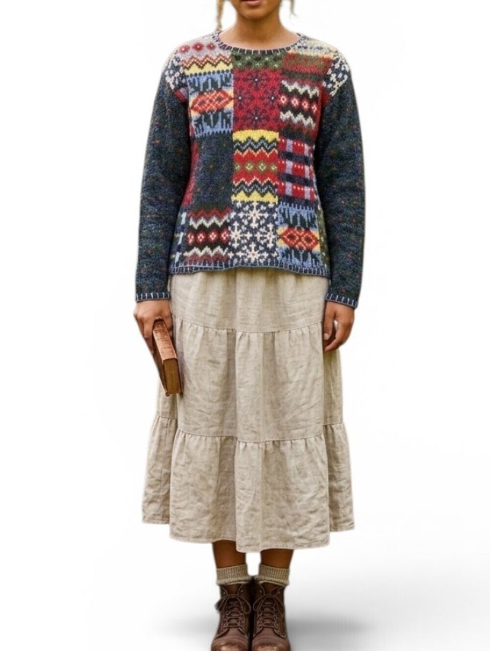 Vintage Liz Claiborne Hand Knit Wool Patchwork Sweater Medium Boho Cottagecore